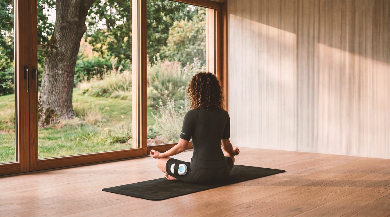 A woman sits peacefully in a cross-legged meditation pose on a yoga mat indoors, wearing a comfortable EMS suit to support safe muscle recovery and gentle stimulation at home.