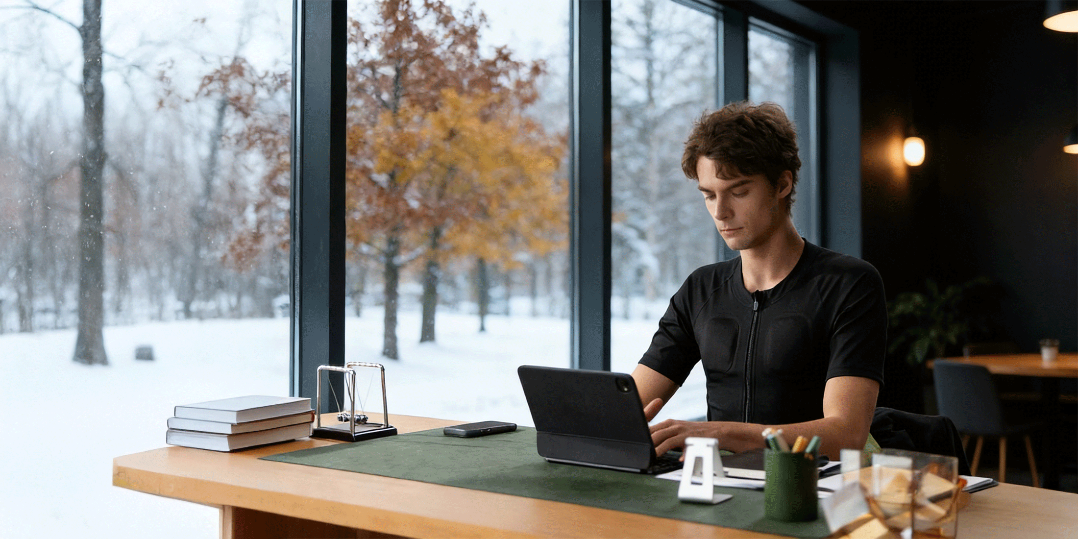 Man wearing a black SweetMyo training suit works on a tablet beside large windows overlooking a snowy outdoor scene.
