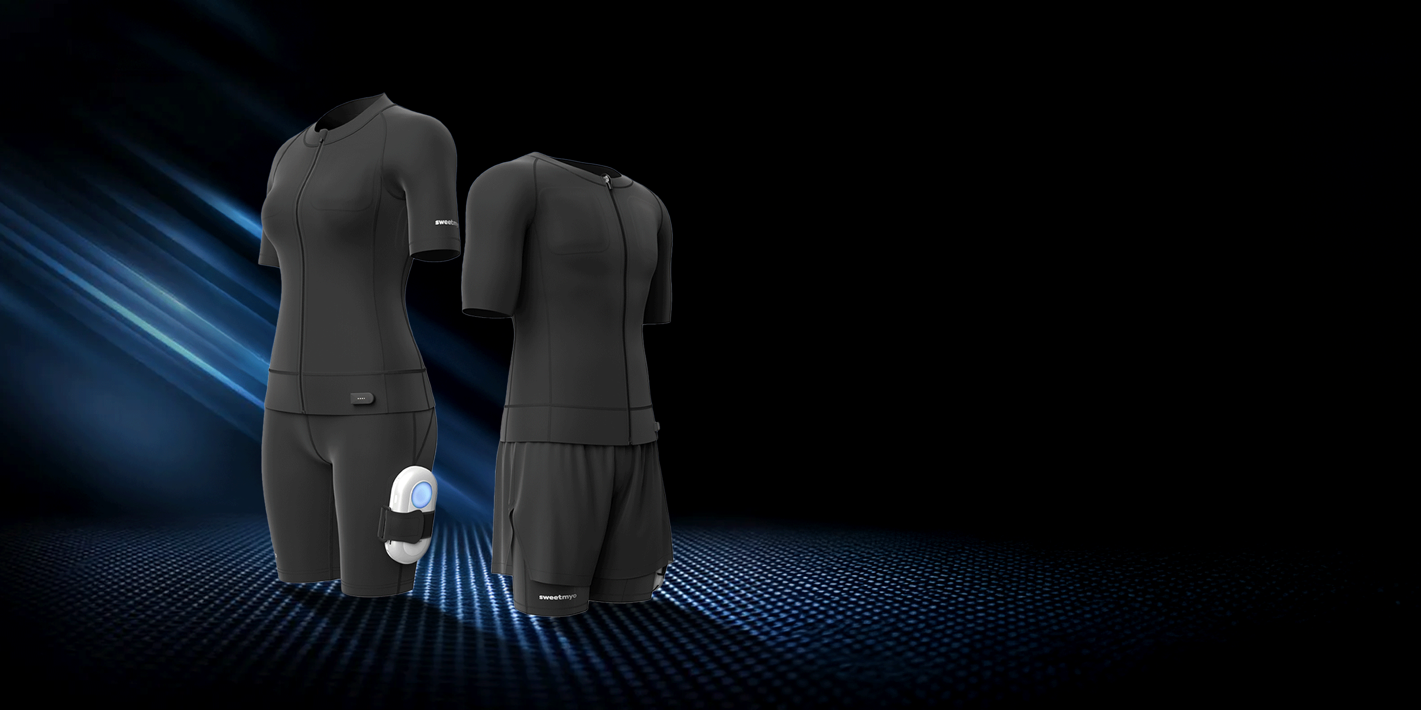 Black SweetMyo wearable training suit front and back views stand on a dark blue digital background with a thigh-mounted controller.