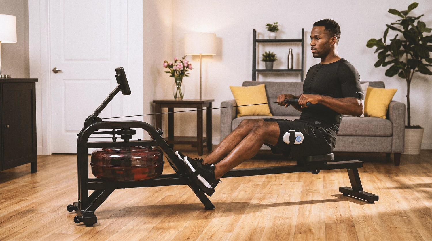 Man wearing EMS training gear uses a rowing machine at home for safe low impact muscle stimulation exercise
