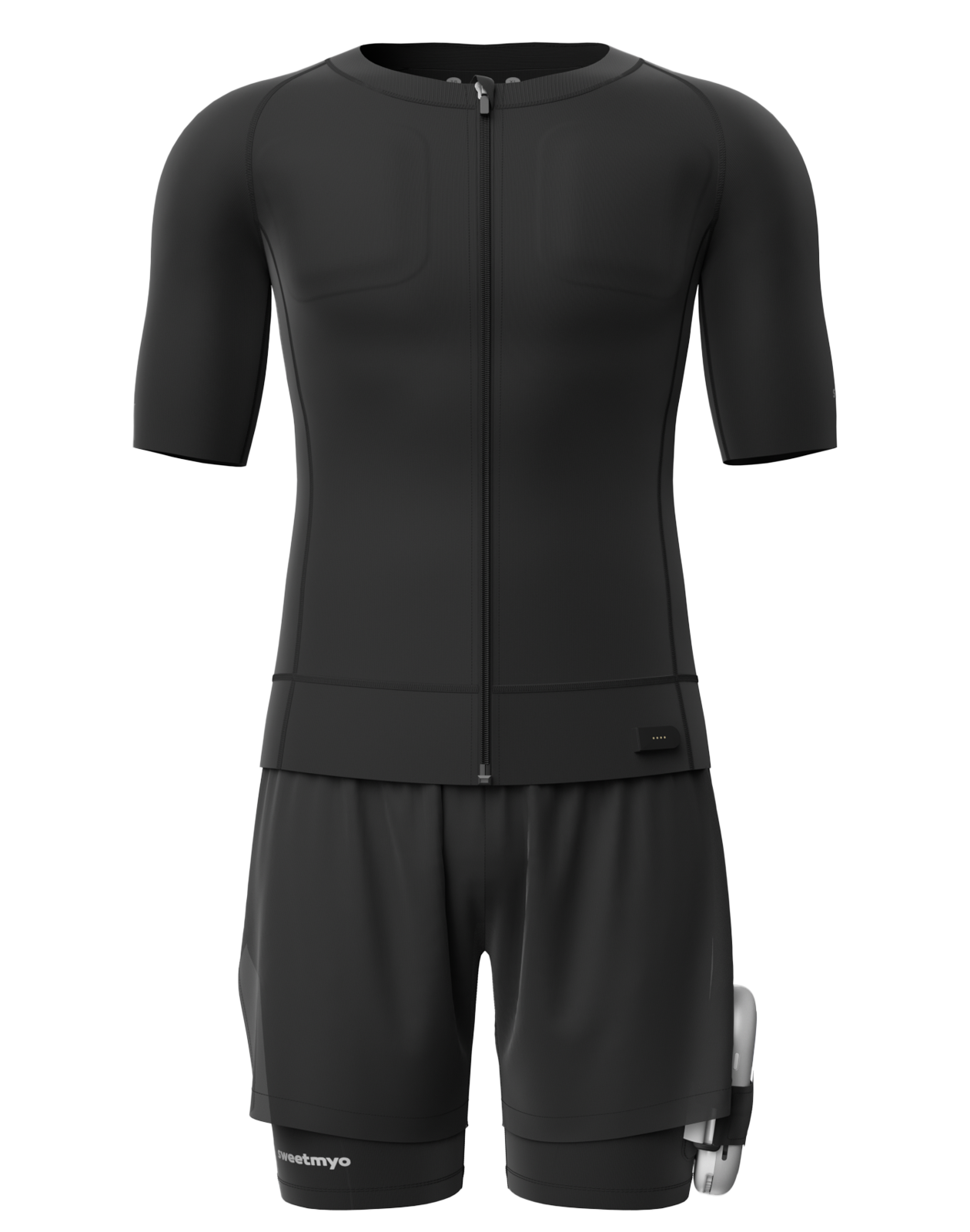Sweetmyo men's AI EMS full-body suit: black training top and shorts.