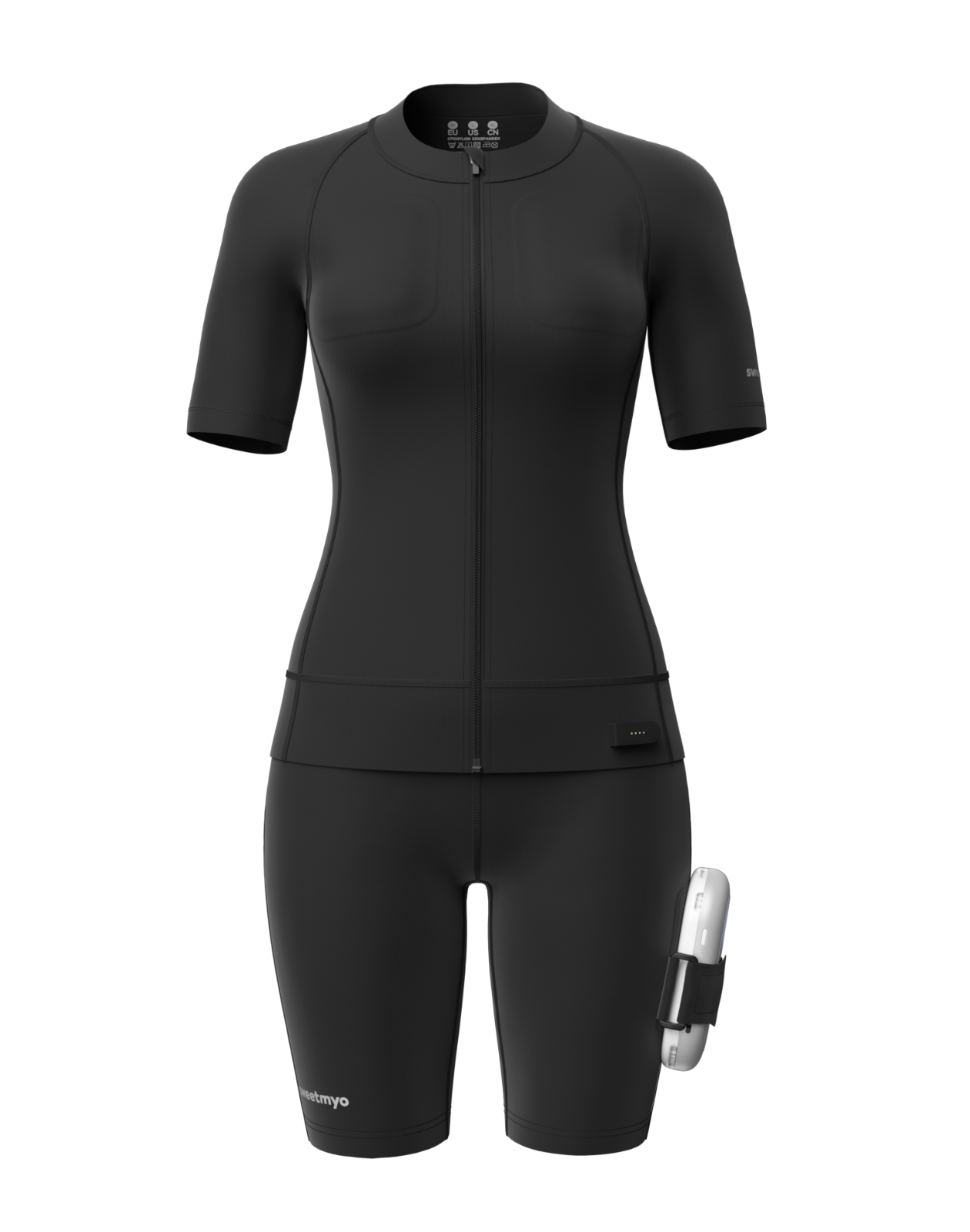 Women's black Sweetmyo AI EMS full-body suit with attached controller for training.