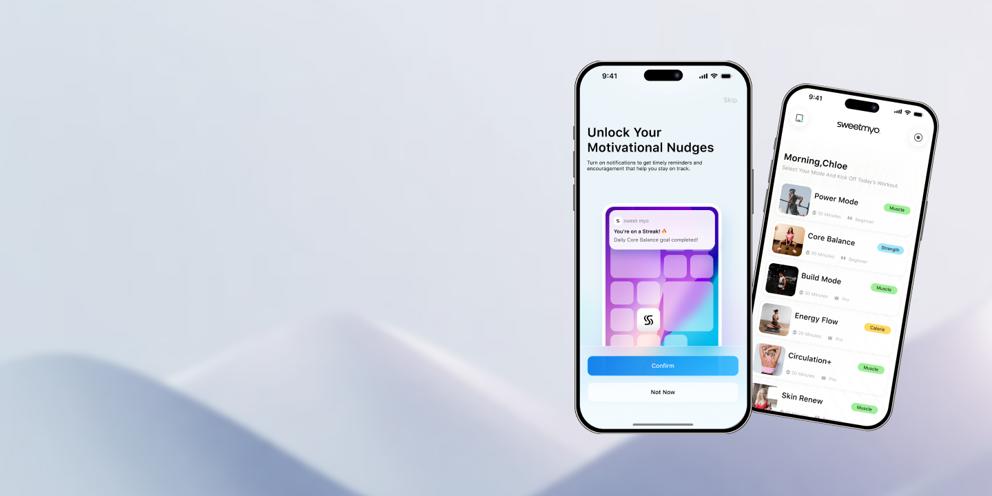 Two smartphones display the SweetMyo fitness app with motivational notification prompts and daily workout modes against a soft gray background.