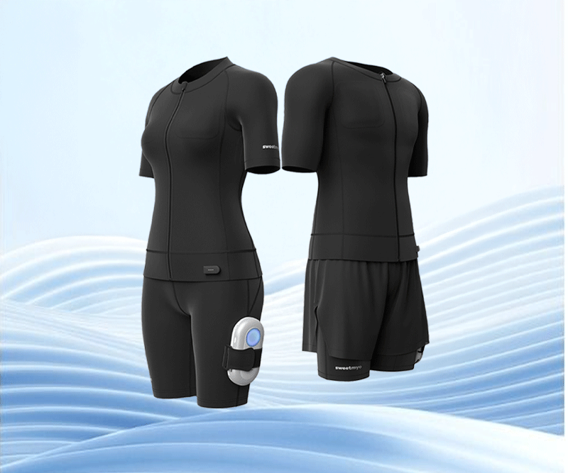 Black SweetMyo wearable training suit front and back views float above pale blue waves with a thigh-mounted controller.