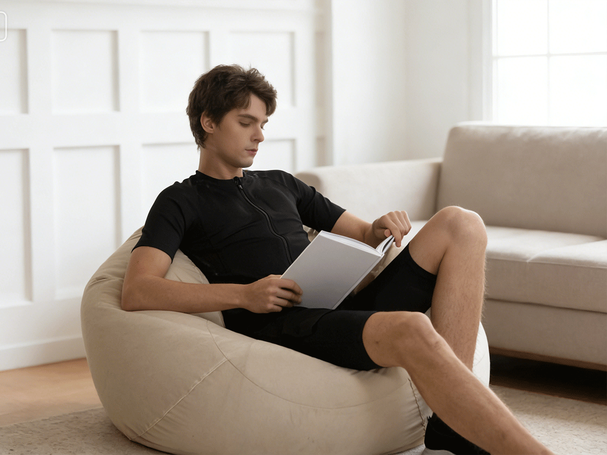 Man wearing a black SweetMyo training suit reads on a beanbag chair in a softly lit living room.