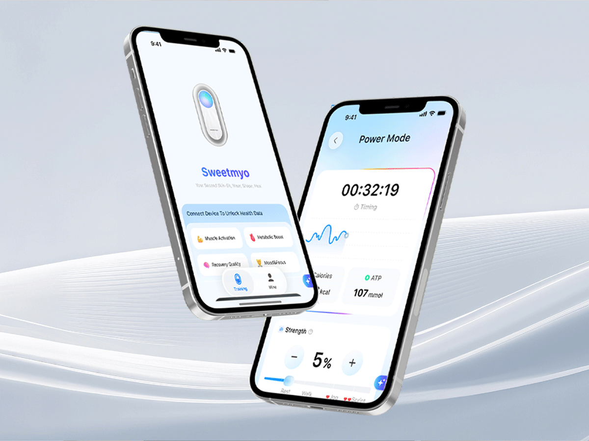 Two smartphones show SweetMyo device connection and Power Mode training controls on a pale wave background.