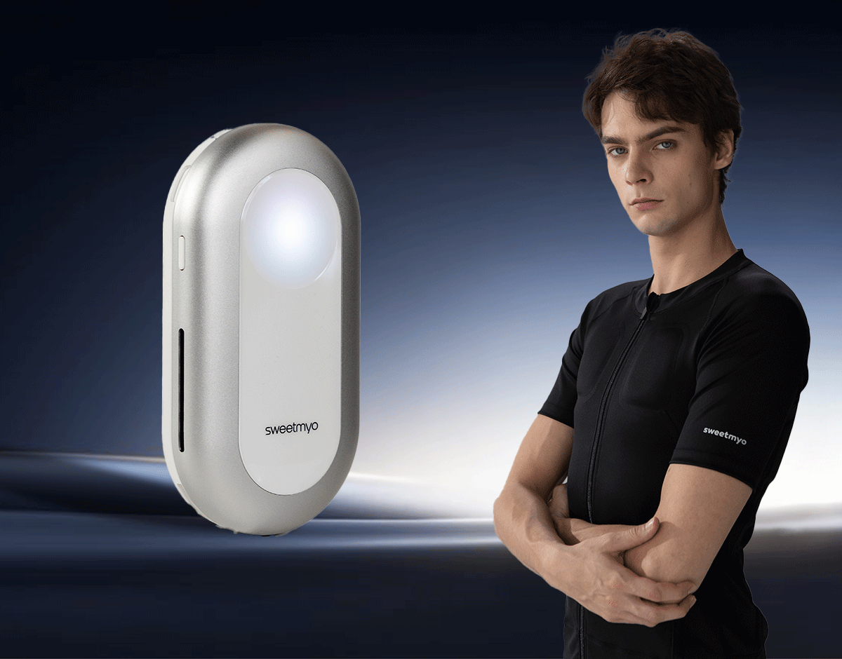 SweetMyo controller stands beside a man wearing a black training suit with arms crossed on a dark blue background.